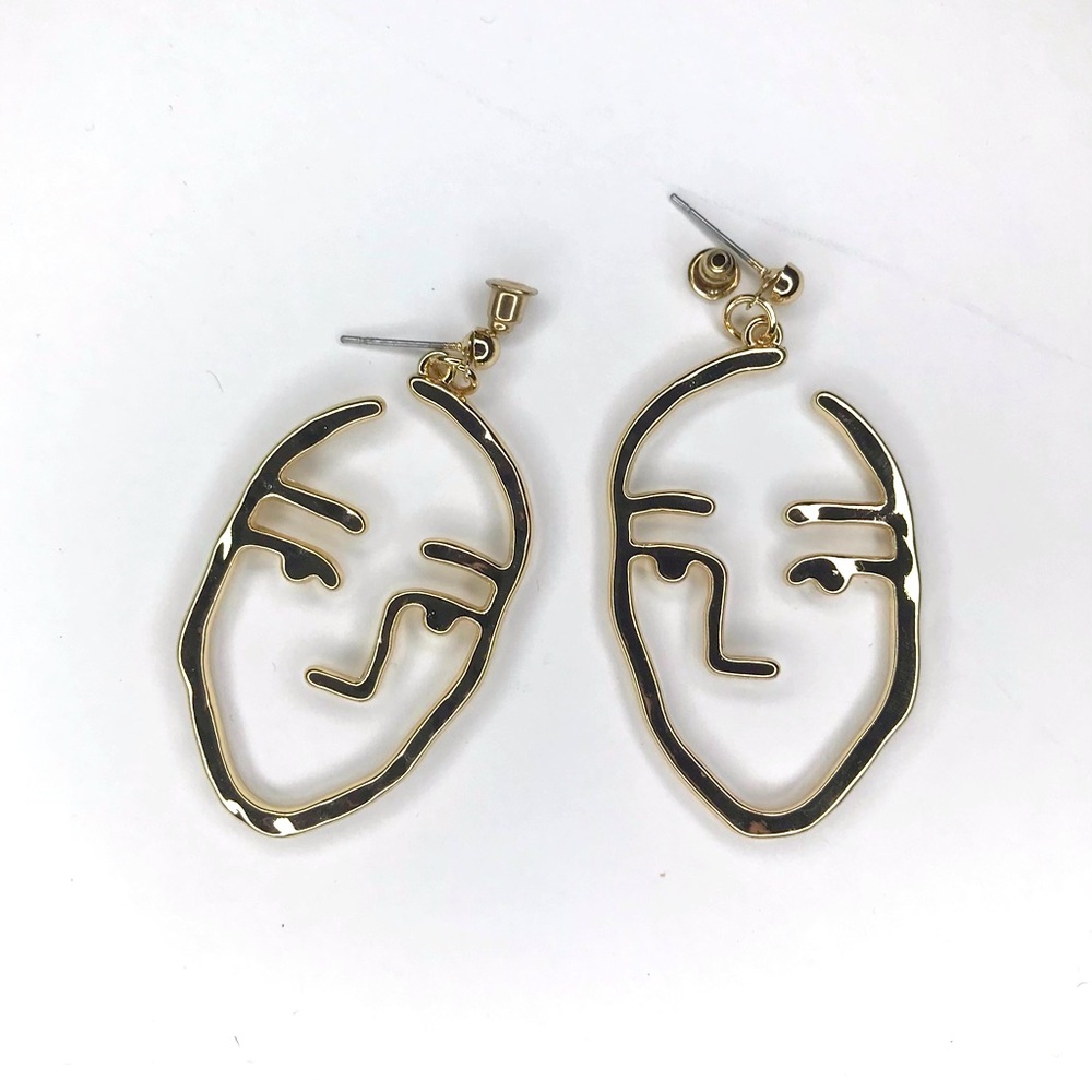 Unique earrings artsy line draw fun artistic face hang drop goldtone